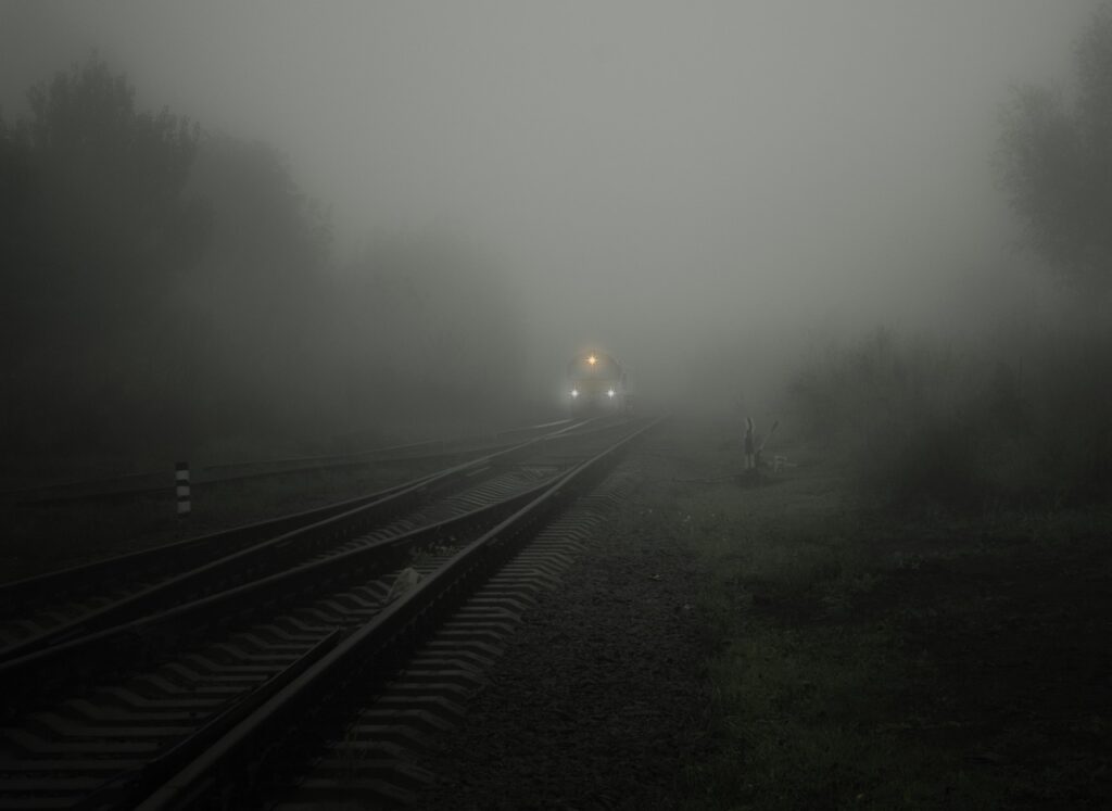 fog, train, lights